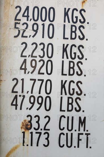 Close-up of maximum cargo cubic weight holding capacity indicated in kilograms and pounds on