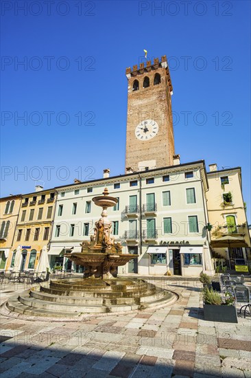 Torre Civica and Fontana Bonaguro, Piazza Garibaldi, Bassano del Grappa, Veneto, Italy, Europe