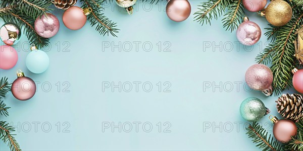 Christmas flatlay with blue, gold and pink colored tree baubles with fir branches on pastel