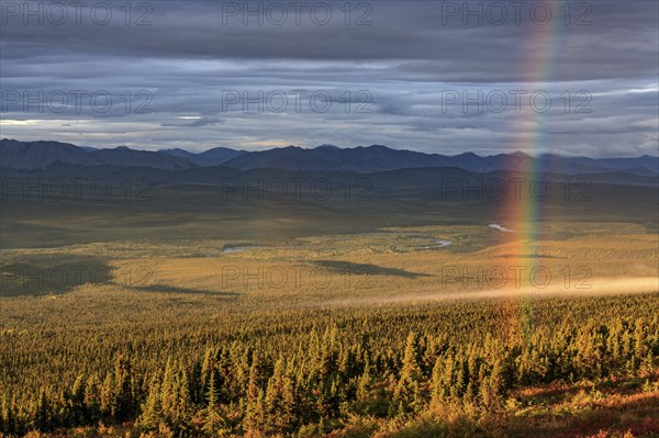 Morning light, clouds, fog, autumnal tundra, autumn colours, wilderness, rainbow, mountain