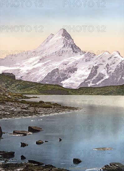 Bachalpensee und Schreckhorn, Bernese Oberland, Switzerland, Historic, digitally restored