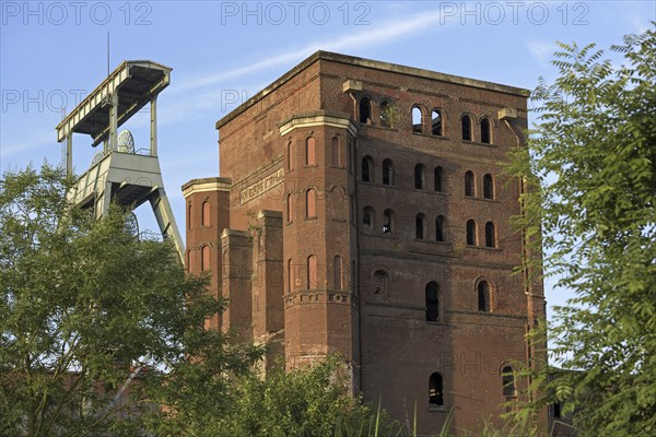 Malakow tower and winding tower, disused Ewald colliery, Herten, Ruhr area, North Rhine-Westphalia,