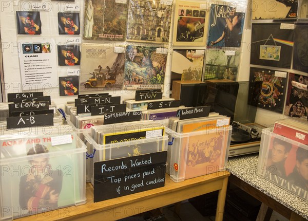 Old vinyl LP records on sale, Marlesford Mill, Suffolk, England, UK