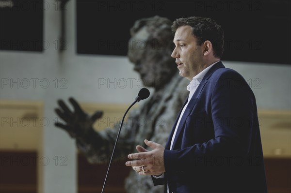 Lars Klingbeil, SPD party chairman, speaks to the press at the kick-off meeting of the SPD party