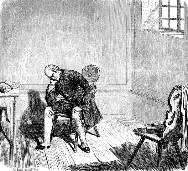 After his escape, the crown prince in prison in Küstrin, room, chairs, table, barred window,