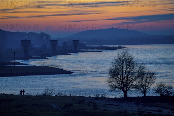 Rhine at Duisburg-Bruckhausen, towers of the water extraction facilities of ThyssenKrupp Steel