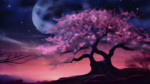 Sakura tree blossoming with pink petals and branches reaching towards a star studded night sky, AI
