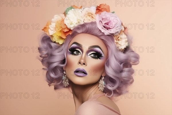 Drag queen with purple hair with flowers. KI generiert, generiert AI generated