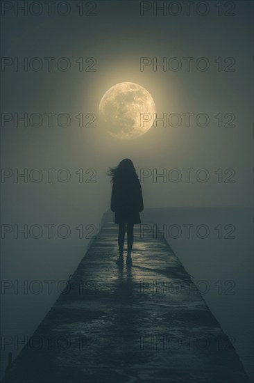 Silhouette of a lonely, sad woman on a concrete footbridge on a foggy full moon night, symbolic