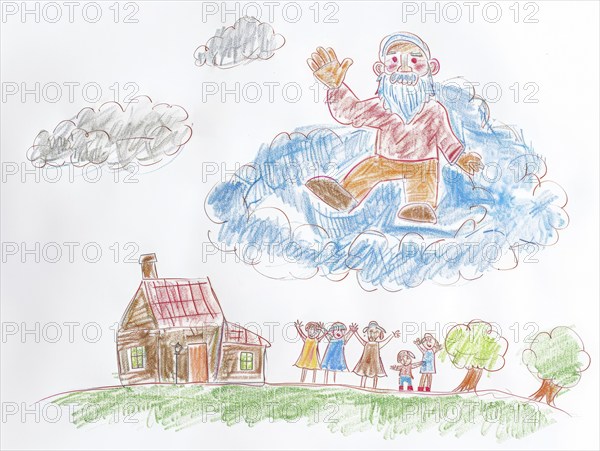 Grandpa, grandfather, has died and is waving down from the sky sitting on a cloud, drawing,