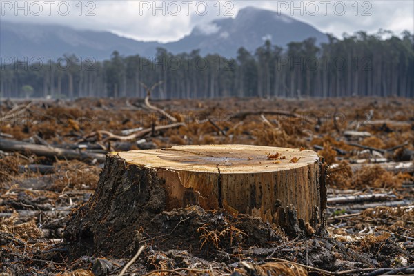 Tree stump empty landscape and forest in background. Deforestation concept. KI generiert,