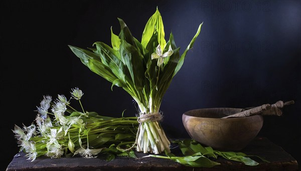 Wild garlic on a rustic table with a mortar and pestle in the background, Wild garlic, Allium
