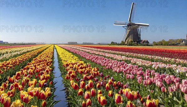 Agriculture, dense, intensely colourful blooming tulip field with a windmill, in Holland, AI