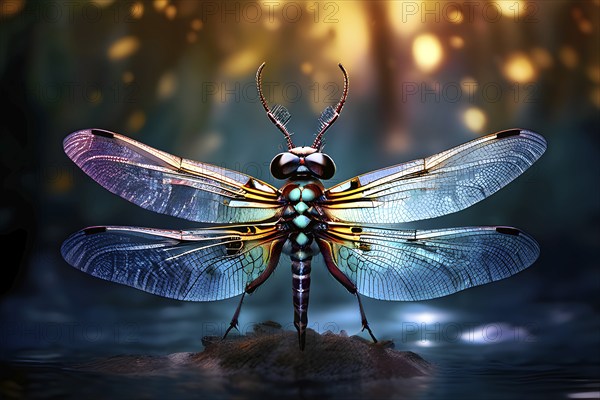AI generated wildlife image of a dragon fly in a mystic lake enhanced with digital art