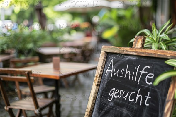 Chalkboard with German text 'Aushilfe gesucht' (hiring staff) at restaurant. Generative AI, AI
