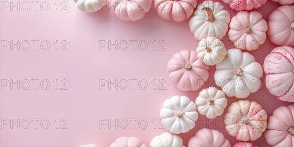 Banner with pink and white pumpkins on side of pastel pink background with copy space. Generative
