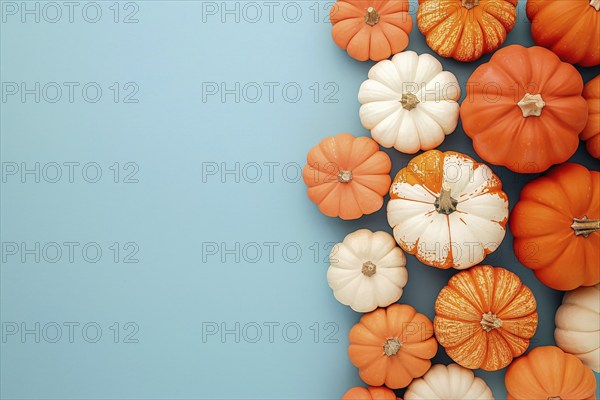 Top view of range and white pumpkins on pastel blue background with copy space. Generative Ai, AI