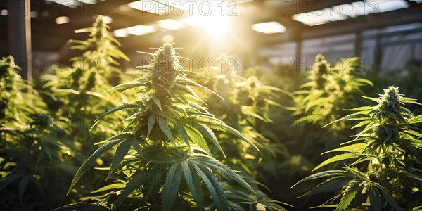 Cannabis plant with vibrant green leaves bathed in soft natural light, AI generated