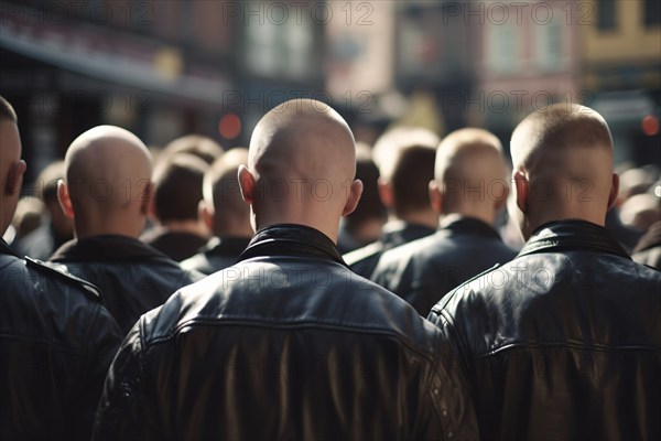 Back view of neo nazis with bald heads and leather jackets in street. AI generated