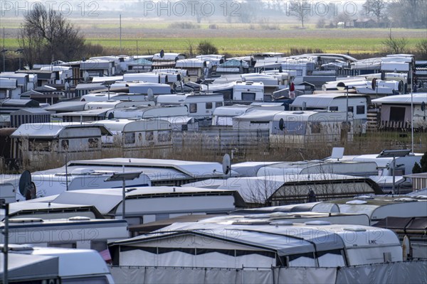 Campsite, pitch for caravans and motorhomes on the North Sea dyke, in Neuharlingersiel, Lower