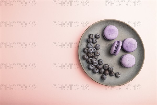 Purple macarons or macaroons cakes with blueberries on ceramic plate on a pastel pink background.
