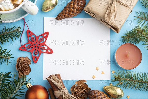 Christmas or New Year composition, template. Decorations, box, cinnamon, cones, fir and spruce