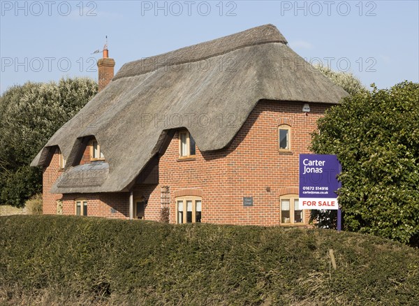 Thatched country cottage for sale with Carter Jonas estate agent sign outside, Alton Priors,