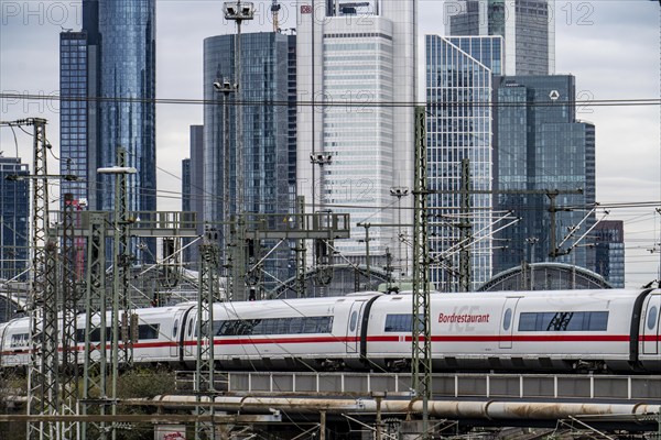 ICE train on the track in front of the main station of Frankfurt am Main, Skyline, Hesse, Germany,