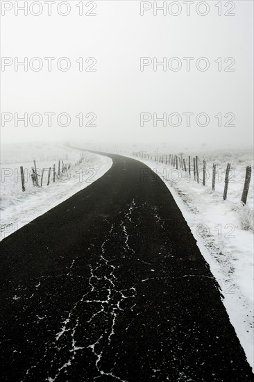 Aubrac plateau. Clear road in winter. Lozere department. Occitanie.France