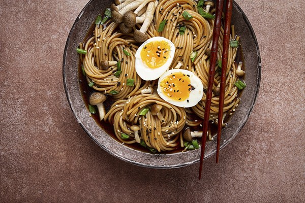 Buckwheat noodles, soba, with shimeji mushrooms, boiled egg, green onion, sesame seeds, homemade,