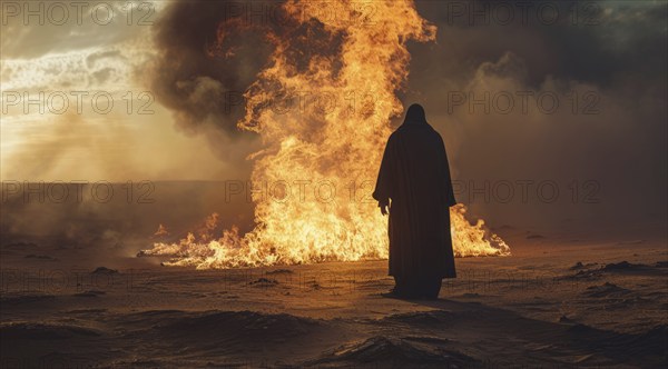 Moses looking at the burning bush. Bible stories and miracles, god manifestation, AI generated