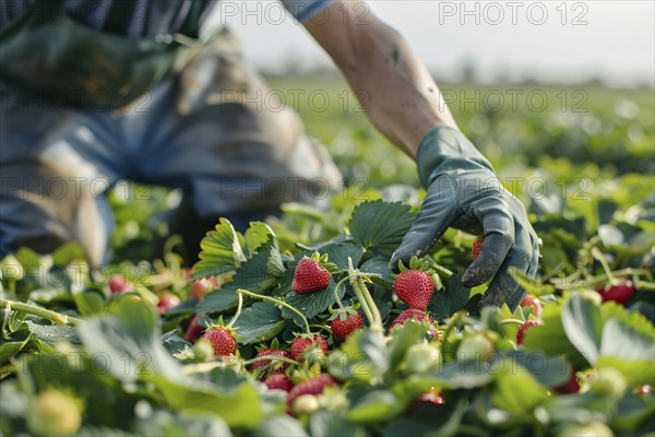 Man harvesting strawberry fruits in agricultural field. KI generiert, generiert AI generated