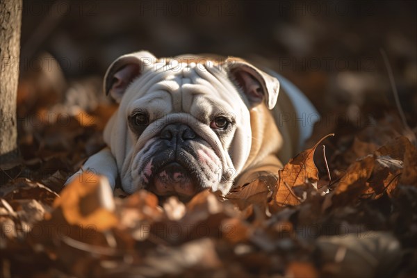 English Bulldog dog in colorful autumn leaves. KI generiert, generiert, AI generated