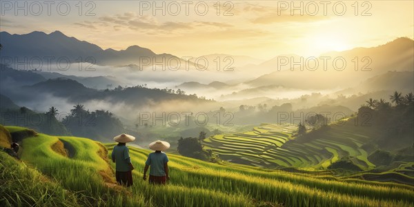 Early morning light bathes Philippines rice terraces cascading down mountain slopes, AI generated