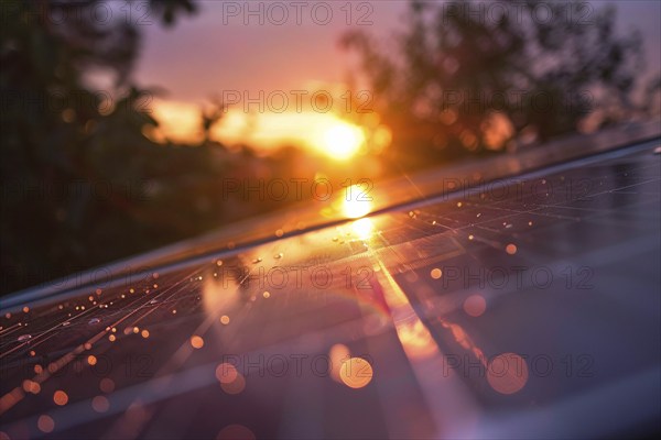 Close up of solar energy panels win sunset sun in background. Generative Ai, AI generated