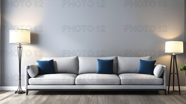 3d rendering of a couch with cushions and a floor lamp, AI generated