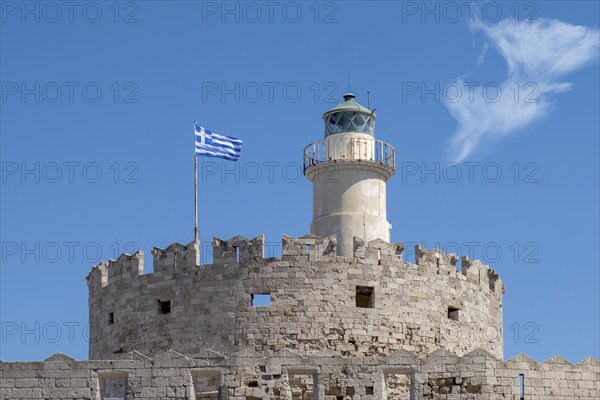Agios Nikolaos Fortress with Lighthouse, Mandraki Harbour, Rhodes Town, Rhodes, Greece, Europe