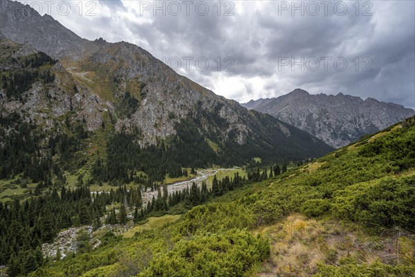 Green mountain valley with river and steep mountain peaks, Chong Kyzyl Suu Valley, Terskey Ala Too,