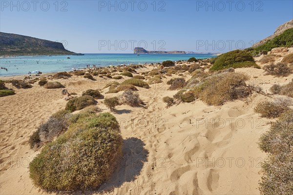 Landscape of the Balos Lagoon with Cape Tigani and Imeri Gramvousa, Gramvousa, Crete, Greece,