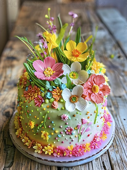 Decorated Easter cake with intricate icing flowers and colorful sprinkles, placed on a rustic