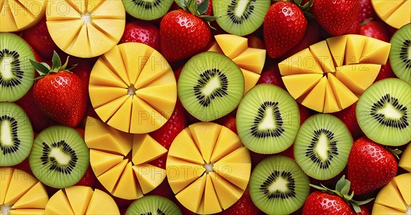 Colorful and artfully arranged slices of fruits like mangoes, strawberries, and kiwi, AI generated