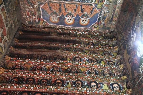 Amhara region, near Gondar, Gonder, mural painting, church ceiling with angel heads and cross