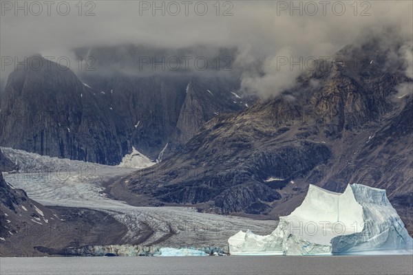 Large icebergs in fjord in front of steep mountains, glacier tongue, cloudy mood, summer, Scoresby