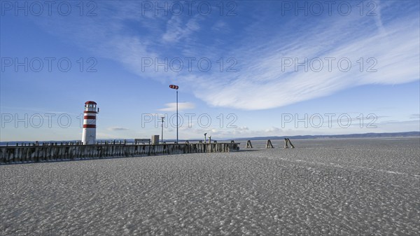 Frozen lake, ice, lighthouse, Podersdorf am See, Lake Neusiedl, Burgenland, Austria, Europe