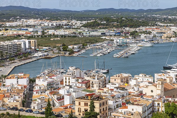 Above the rooftops of the old town of Eivissa, Ibiza Town, with views of the harbour, Ibiza,