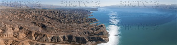 Aerial view, erosion landscape on the Naryn River, Toktogul Reservoir, Kyrgyzstan, Asia
