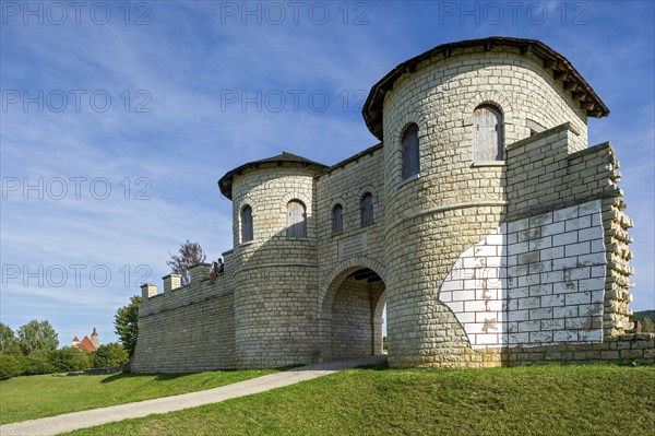 Roman fort Biriciana fort, reconstructed north gate, Porta decumana, St Andrew's church at the