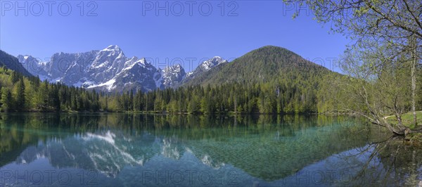 Mangart mountain range reflected in the lower Fusine Lake, Tarvisio, province of Udine, Italy,