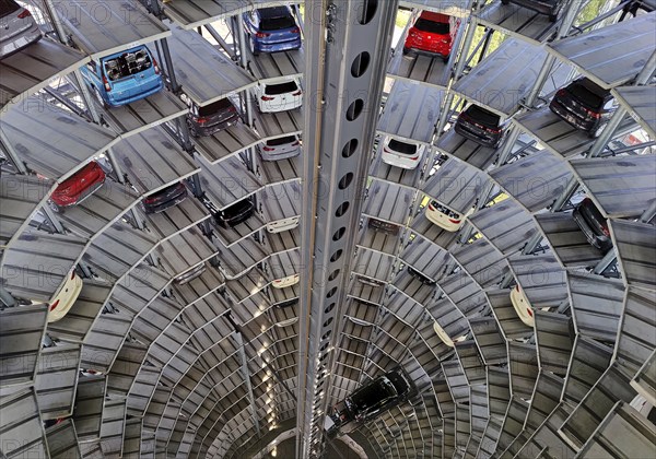 New cars for delivery in the Autoturm, interior view from top to bottom, Autostadt, Volkswagen AG,