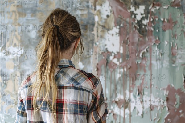 Back view of young woman looking at old run down wall in need of renovation. Generative AI, AI